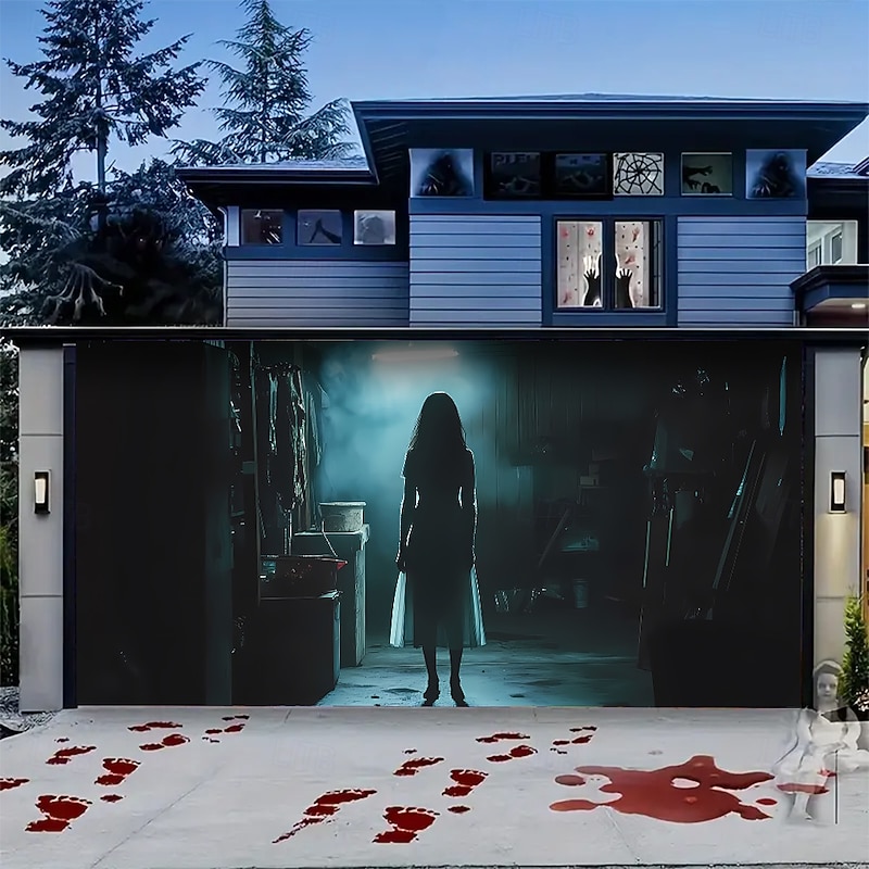 Halloween Tapestry Garage Door Cover Large Hanging Backdrop Ghost 3D Dark Punk Gothic Style Party Outdoor Shooting Backgrounds Yard Haunted House Home Decor