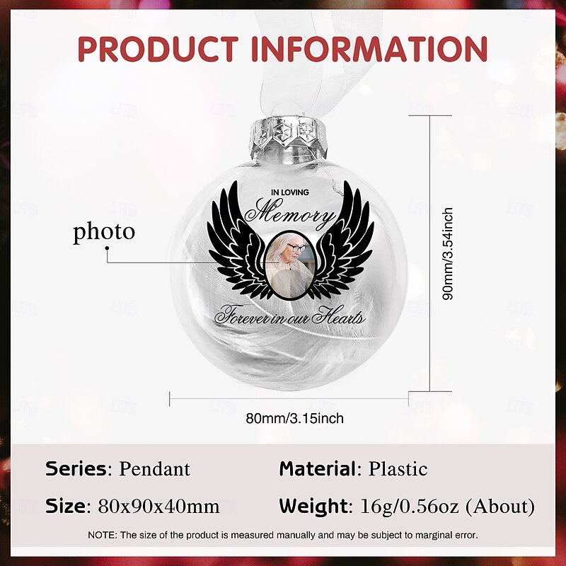 Personalized Photo Christmas Feather Memorial Ornament Custom 3D Ball Ornament Sympathy Gifts For Loss Of Loved Ones Custom Christmas Tree Hanging Keepsake Memorial Holiday Decoration2