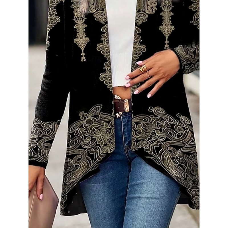 Women's Trench Coat Lightweight Comfortable Print Open Front Vintage Casual Boho Vintage Print Vacation Street Casual Daily Wear Long Collarless Regular Fit Long Sleeve Outerwear Black Spring Fall3