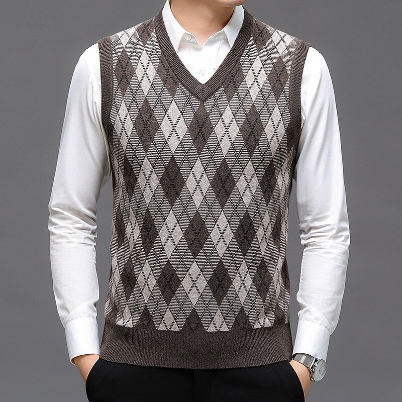 Men's Sweater Sweater Vest Pullover Sweater Jumper Ribbed Knit Regular Tops Knitted Slim Fit Geometric V Neck Knitwear Contemporary Casual Daily Wear Clothing Apparel Winter Spring &  Fall Dark Gray2