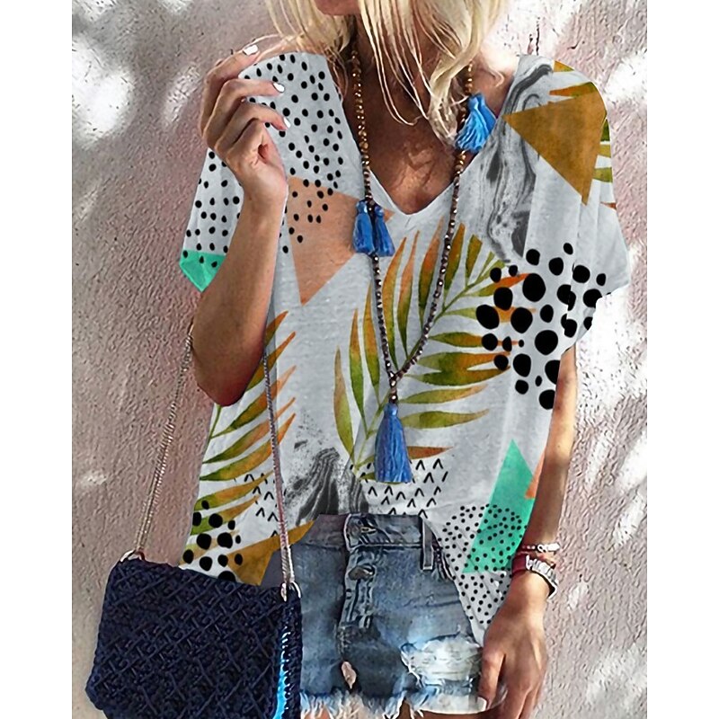 Women's T Shirt Floral Casual Short Sleeve V Neck Regular Tops Going out Weekend Print Gray Fall