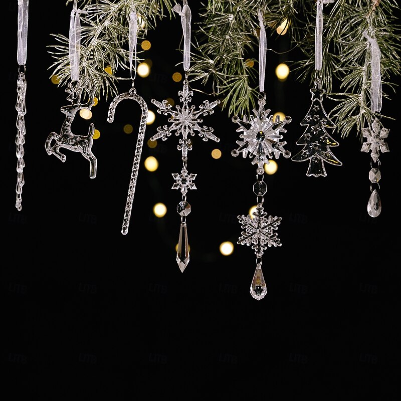 14Pcs Christmas Tree Crystal Ornaments Snowflakes Decorations, Clear Acrylic Snowflake Hanging Ornaments with Icicle Drop Reindeer for Xmas Tree Winter Holiday Wedding Home Party Decor3