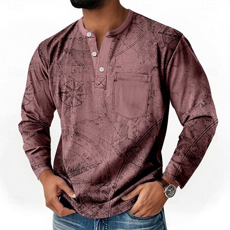 Men's Vintage Compass Henley Shirt T shirt Tee Long Sleeve Retro Vintage Casual Casual Spring Fall All Seasons Dark Red Blue Green Purple Henley Henley T-Shirt4