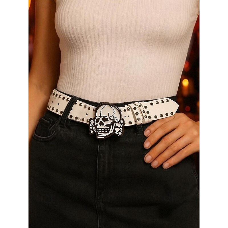 Women's Halloween Skull Belt – Punk Rock Faux Leather Waist Belt with Studded Design and Skeleton Buckle for Costume Party and Gothic Outfits2