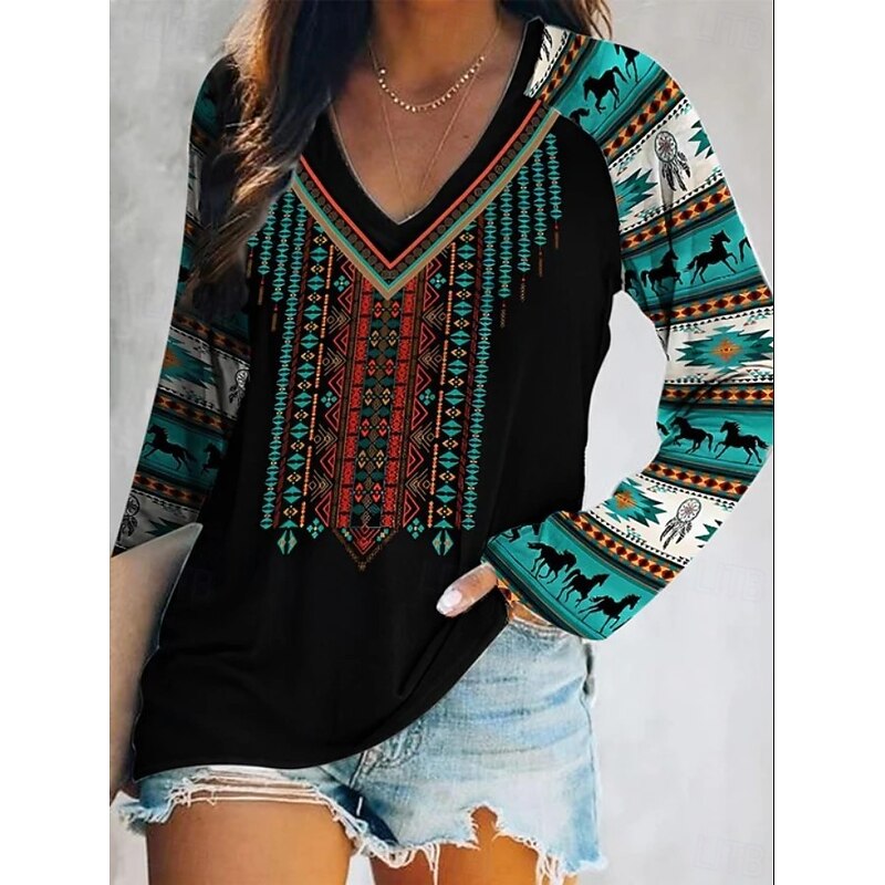 Women's T Shirt Graphic Geometric Tribal Elegant Bohemia Vintage Long Sleeve V Neck Regular Tops Daily Going out Weekend Print Black Yellow Red Blue Dark Green Spring Fall2