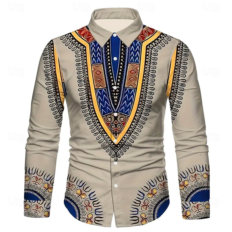 Men's Ethic / African Kente Shirt Button Up Shirt Casual Dress Shirt Long Sleeve Vintage Retro Vacation Daily Streetwear Summer Spring Turndown 3D Print Collared Shirts Green Beige4