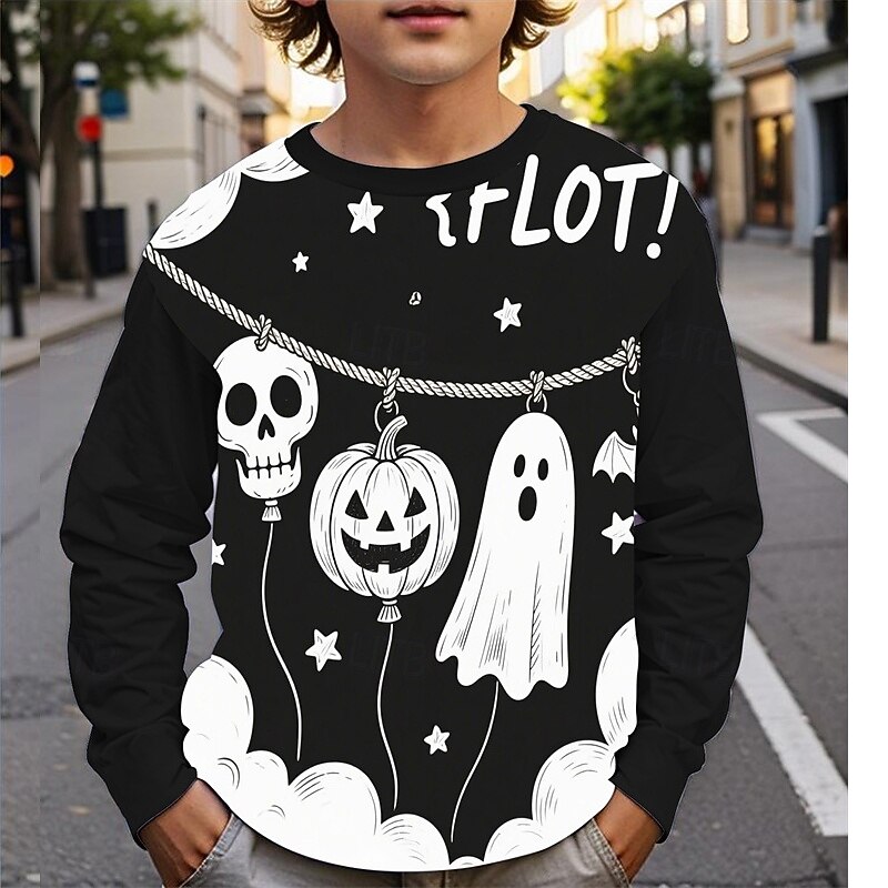 Halloween Boys' 3D Pumpkin Ghost T shirt Tee Long Sleeve Spring Fall Fashion Basic Kids 4-12 Years Crew Neck Outdoor Casual Daily Regular Fit3