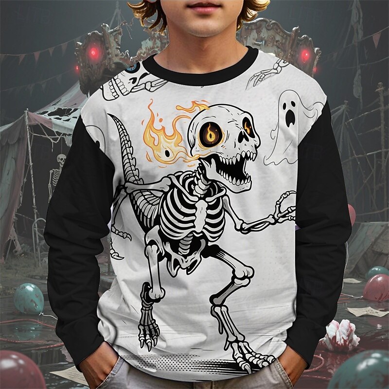 Halloween Boys' 3D Cartoon Skull Ghost T shirt Tee Long Sleeve Spring Fall Fashion Basic Kids 4-12 Years Crew Neck Outdoor Casual Daily Regular Fit