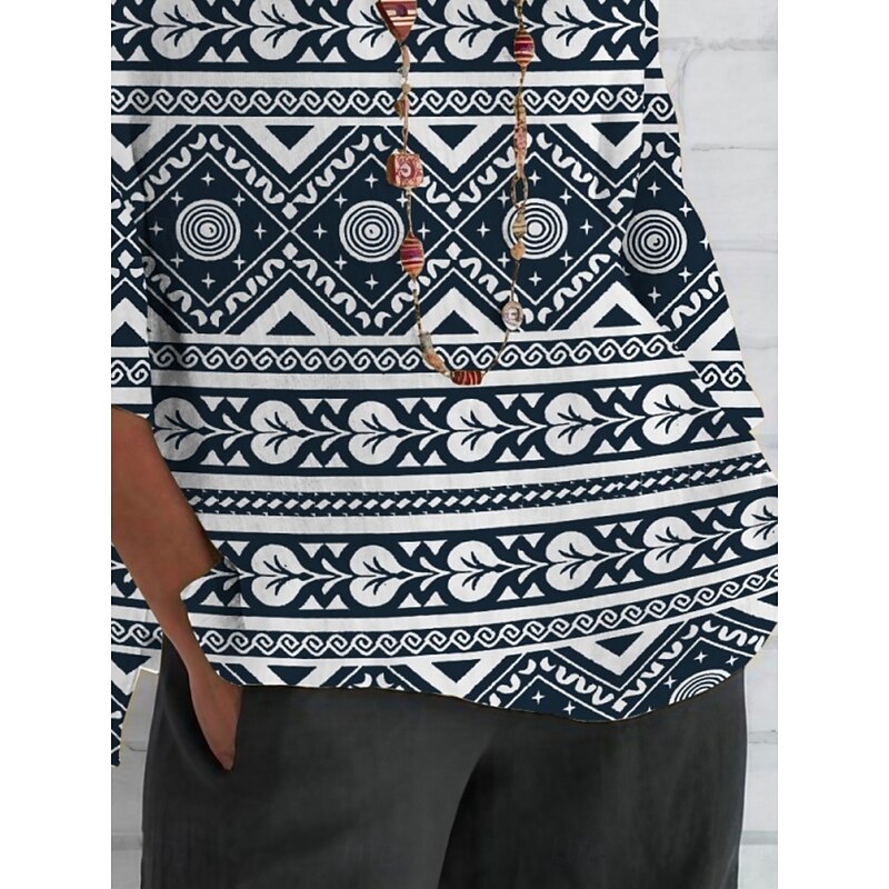 Women's Shirt Geometric Daily Casual 3/4 Length Sleeve Crew Neck Regular Tops Daily Holiday Print Black Summer Spring Fall2