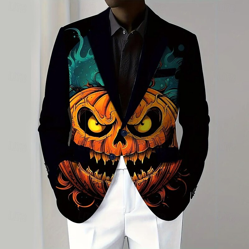 Halloween Men's Coat Blazer Party Street Festival Casual Daily British All Seasons 100% Polyester Pumpkin 3D Print Buttons Comfortable Single Breasted Blazer Black Orange Brown