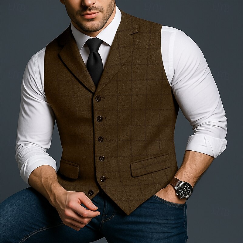 Men's Vest Waistcoat Formal Wedding Vacation Daily Fashion Classic Spring Fall Pocket Buttons Polyester Tweed Comfortable Plaid Single Breasted Notch lapel collar Slim Fit Black Navy Blue Brown Coffee