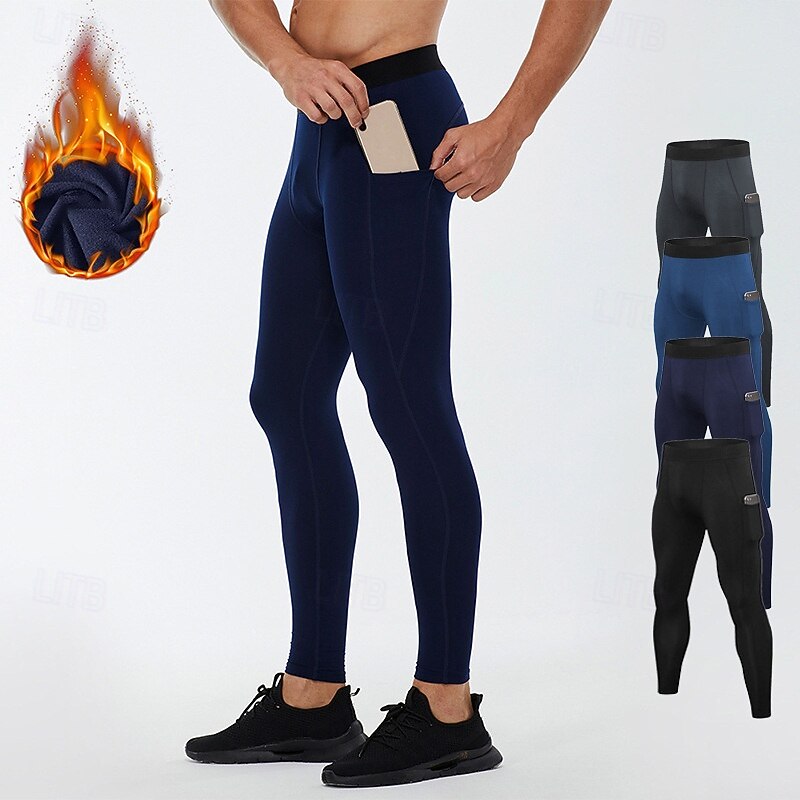 Men's Compression Tights Leggings Thermal Compression Pants Sports Baselayer with Pockets High Waist Bottoms Athleisure Gym Workout Quick Dry Warm Gym Basketball Athletic Regular Fit Sportswear