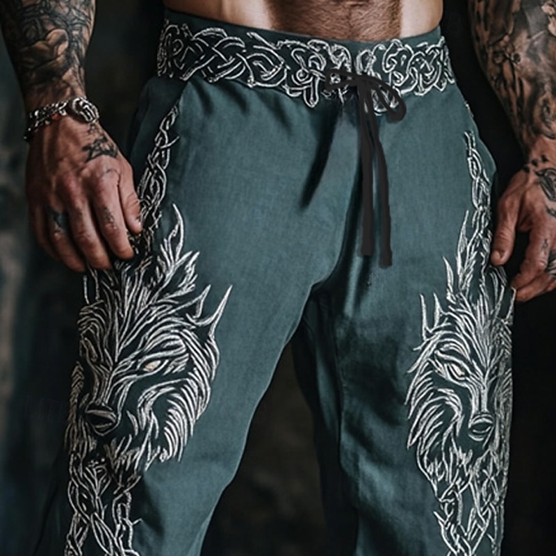 Men's Trousers Casual Pants Drawstring Pocket Elastic Waist Wolf Comfort Daily Going out Vintage Casual Blue Micro-elastic2