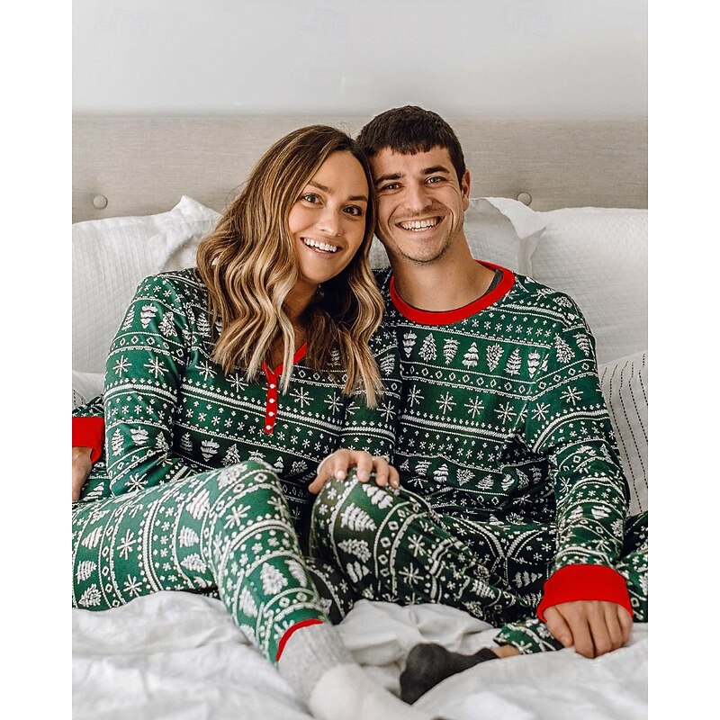 Family Pajamas Christmas Pattern Home Print Green Long Sleeve Active Matching Outfits3