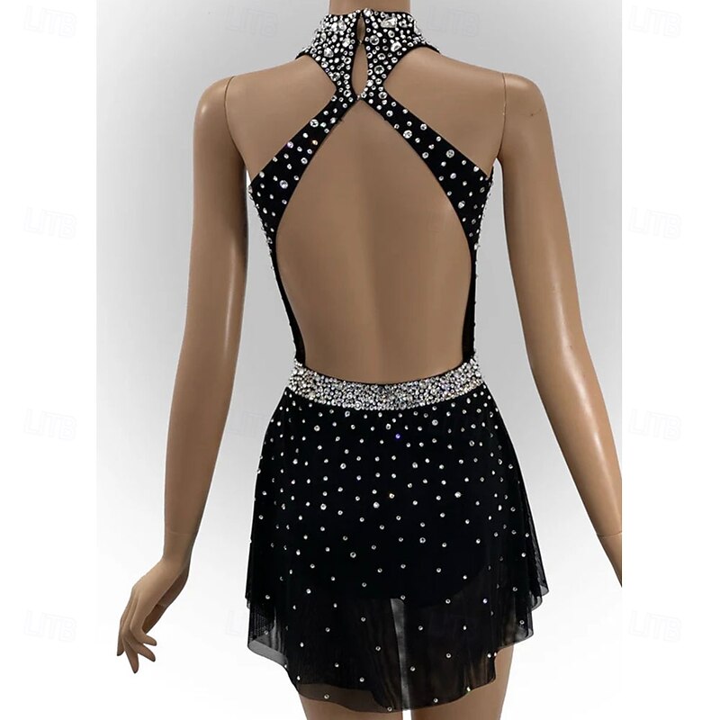 Figure Skating Dress Women's Girls' Ice Skating Dress Black Open Back Asymmetric Hem Mesh High Elasticity Training Competition Skating Wear Classic Crystal / Rhinestone Sleeveless Ice Skating Figure2