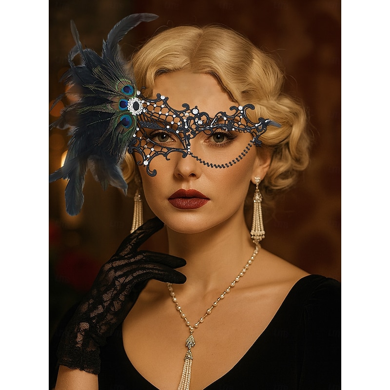 Women's Green Feather Lace Masquerade Mask with Peacock Details and Rhinestone Accents, Vintage Gothic Costume Accessory for Halloween Party4