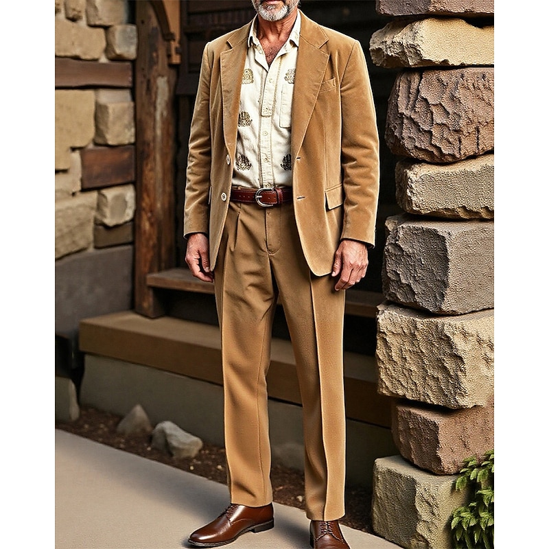 Men's Faux Suede Jacket Faux Suede Blazer Set Business Cocktail Party Wedding Party Fashion Casual Spring Fall Faux Suede Plain Pocket Buttons Comfortable Single Breasted Blazer Navy Blue Brown Green