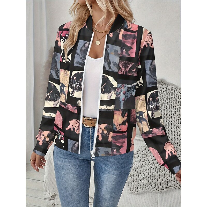 Women's Jacket Comfortable Print Outdoor Casual Boho Vintage Geometric Vacation Home Casual Daily Wear Short Baseball Collar Regular Fit Long Sleeve Outerwear Black And White Light Yellow Leopard4