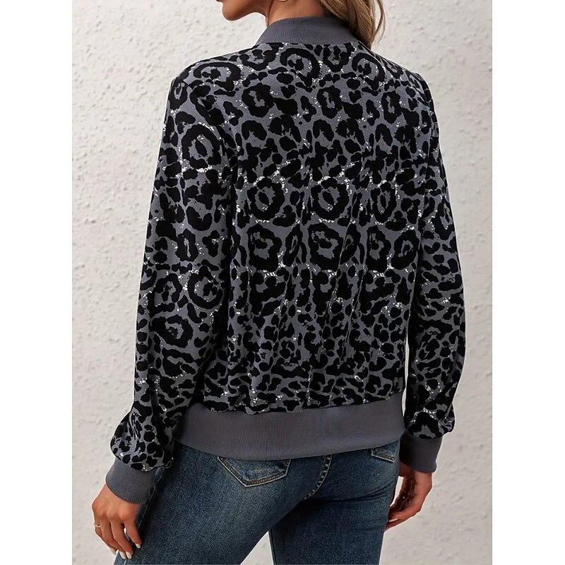 Women's Casual Jacket Warm Quick Dry Zipper Pocket Elegant Fashion Daily Simple Leopard Vacation Casual Daily Holiday Regular Baseball Collar Regular Fit Long Sleeve Outerwear Black Brown Dark Grey4