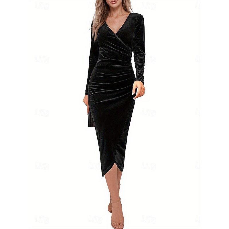 Women's Midi Dress Velvet Dress Cocktail Dress Elegant Stylish Sexy Evening Party Regular Fit Plain Long Sleeve V Neck Black Wine Royal Blue Dark Green Spring Fall3