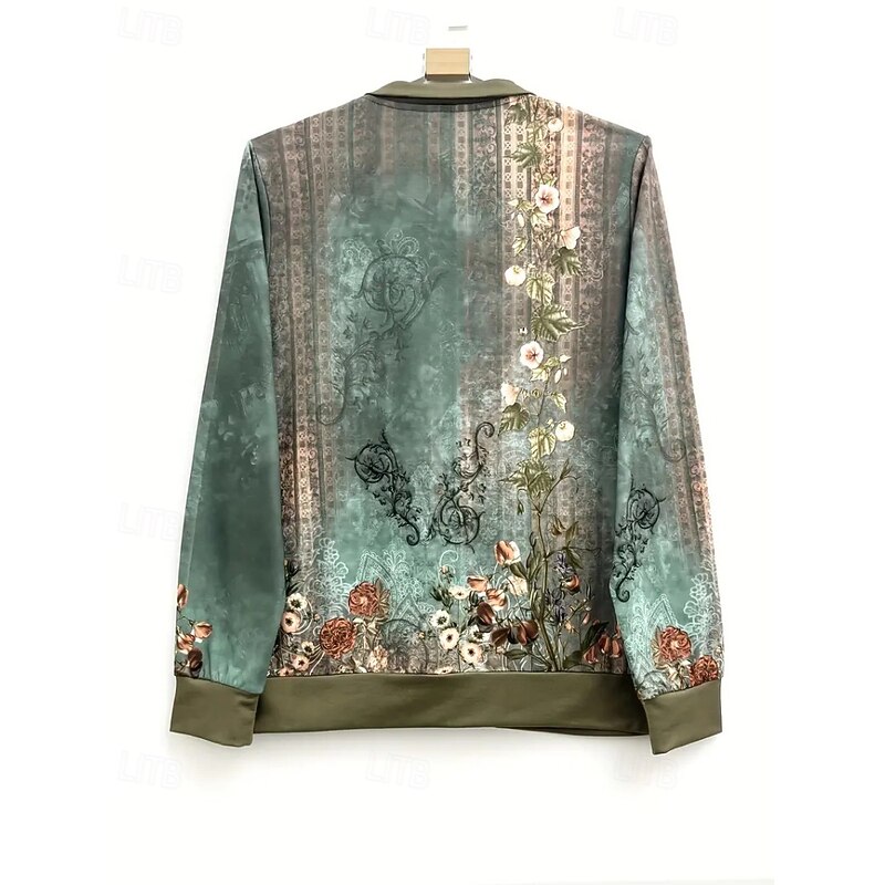 Women's Casual Jacket Comfortable Zipper Print Casual Flower Outdoor Street Holiday Daily Wear Zipper Regular Crewneck Regular Fit Long Sleeve Outerwear Green Fall3