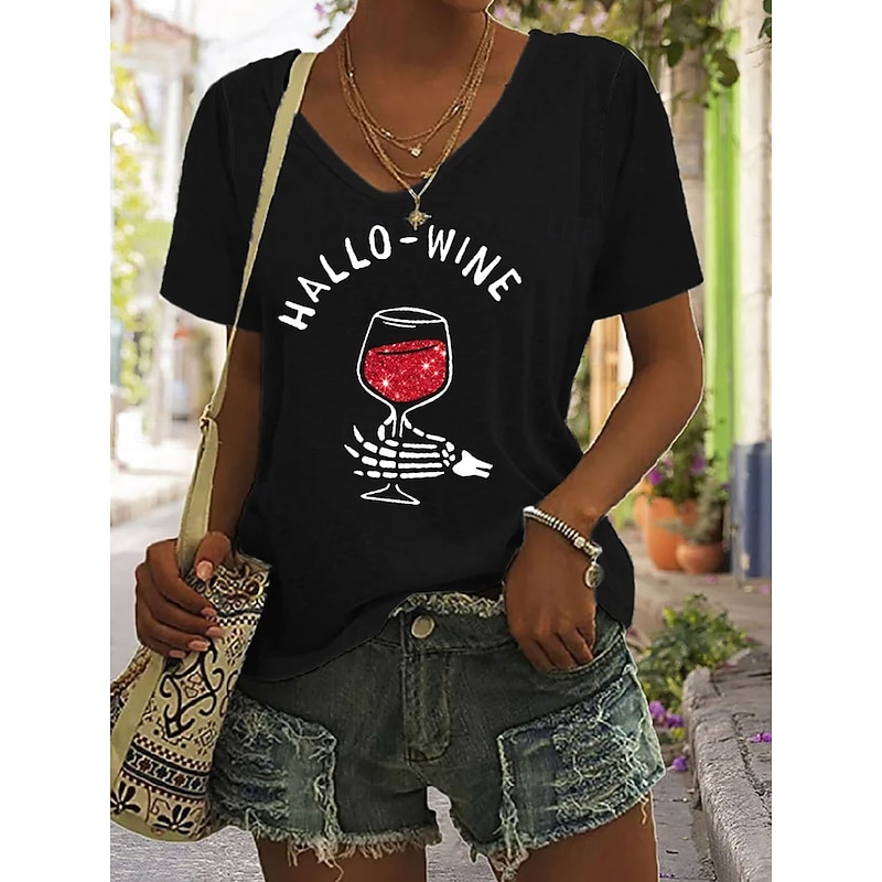 Halloween Women's T Shirt Graphic Halloween Vintage Stylish Classic Short Sleeve V Neck Regular Tops Daily Print Black Summer Spring