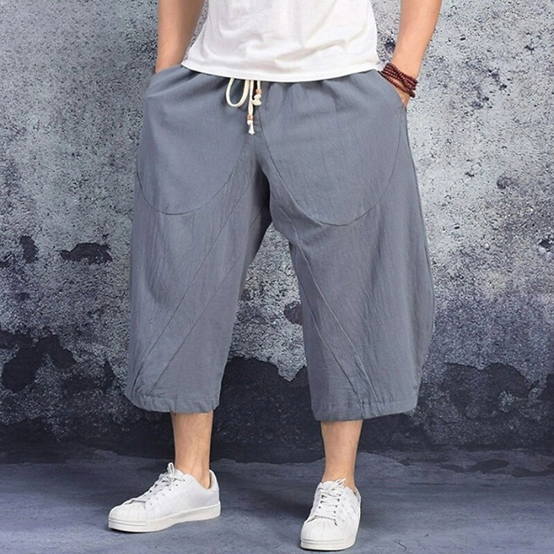 Men's Linen Shorts Summer Shorts Capri Pants Pocket Drawstring Elastic Waist Plain Comfort Breathable Calf-Length Casual Holiday Going out Stylish Classic Black White