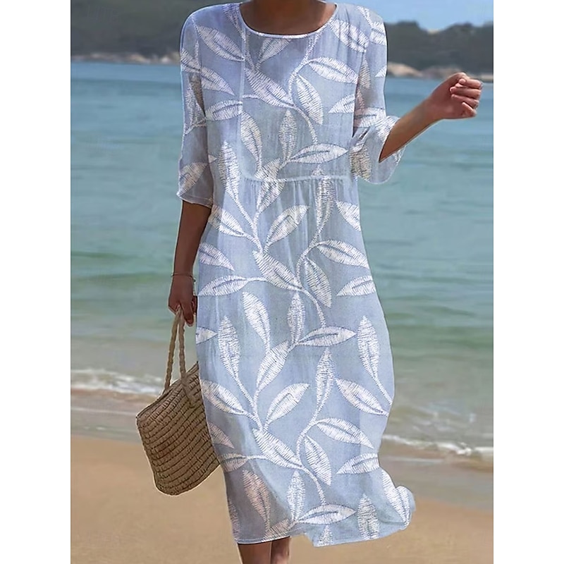 Women's Maxi Dress Kaftan 3/4 Length Sleeve Crew Neck Casual Dress A Line Dress Boho Regular Fit Graphic Leaf Yellow Pink Blue Purple Spring Fall2
