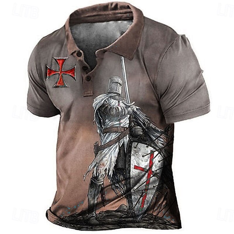 Men's Knights Templar Polo Shirts Golf Shirt Short Sleeve Polo Shirts Collared Shirts Vintage Casual Vacation Wear Festival Wear Party Outfits Buttons 3D Print Blue Brown Coffee4