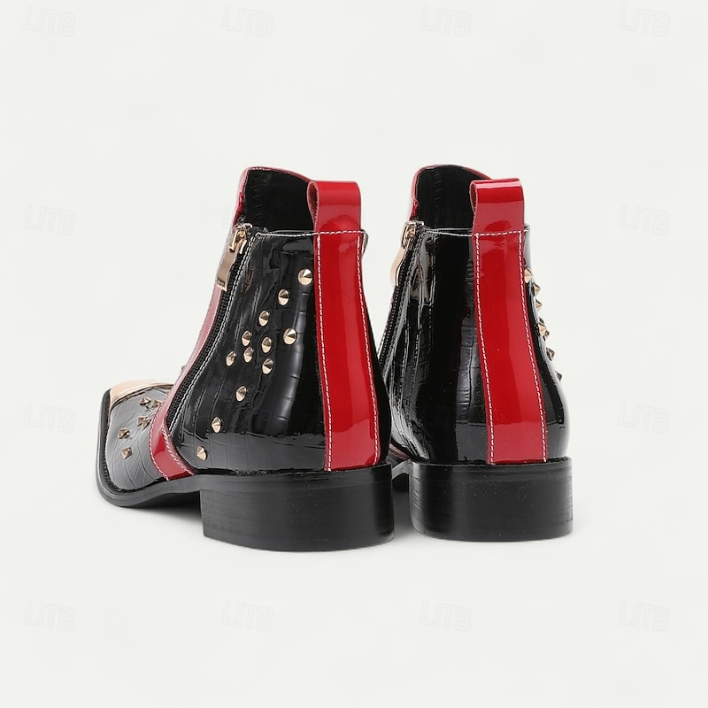 Men's Black and Red Patent Leather Cowboy Boots with Metal Studs – Gothic Punk Western Style Festival & Stage Shoes4