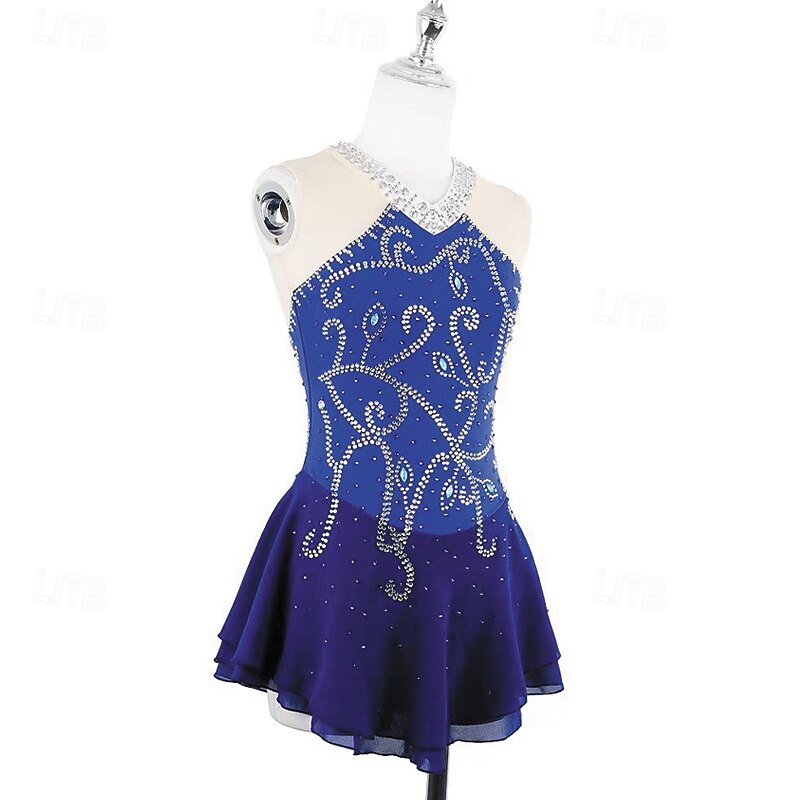 Figure Skating Dress Women's Girls' Ice Skating Dress Blue Patchwork Open Back Mesh Spandex Stretchy Training Practice Professional Skating Wear Thermal Warm Crystal / Rhinestone Sleeveless Ice3
