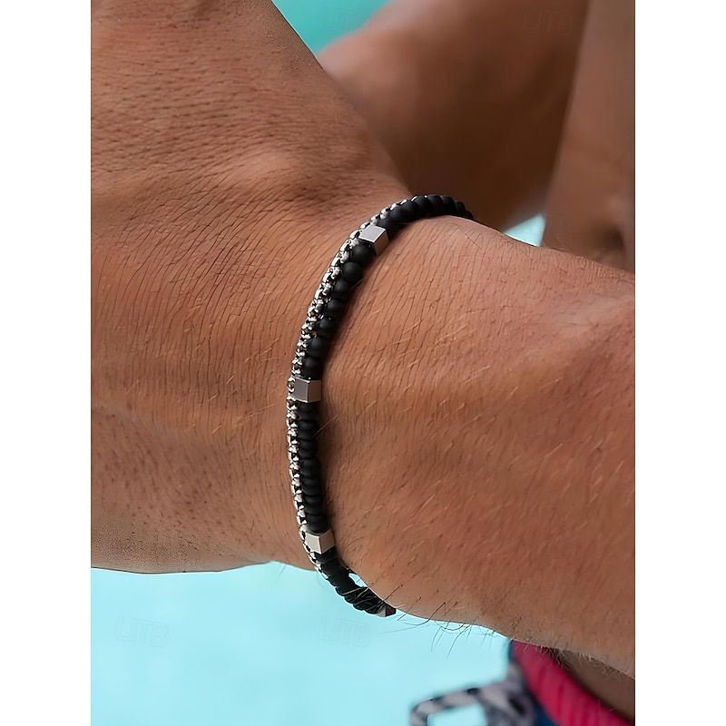 Men's Turquoise Beaded and Silver Chain Bracelet Set – Boho Beach Style Adjustable Jewelry for Casual, Summer and Vacation Outfits