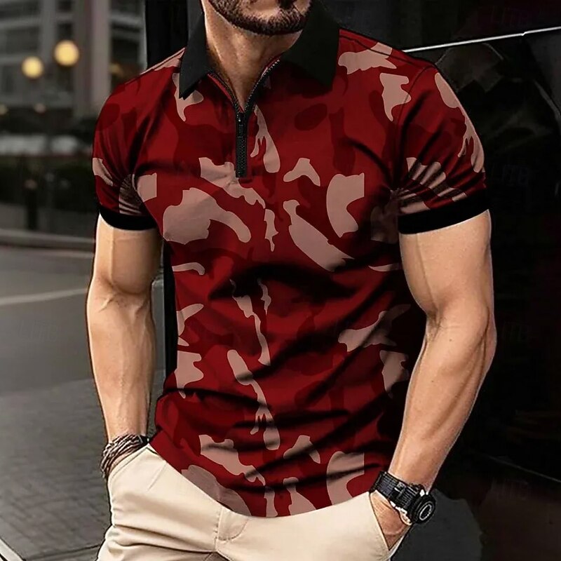 Men's Camouflage Zip Polo Short Sleeve Turndown Casual / Sporty Sports & Outdoor Athleisure Casual Daily Zip Up 3D Print Summer Dark red Robin's Egg Blue Military Green3