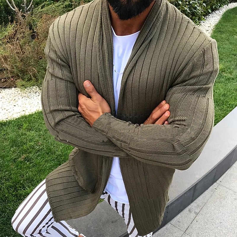 Men's Cardigan Sweater Cropped  Sweater Knit Sweater Ribbed Knit Regular Tops Pocket Plain Open Front Fashion Classic Vacation Daily Wear Clothing Apparel Fall Winter Military Green S M L