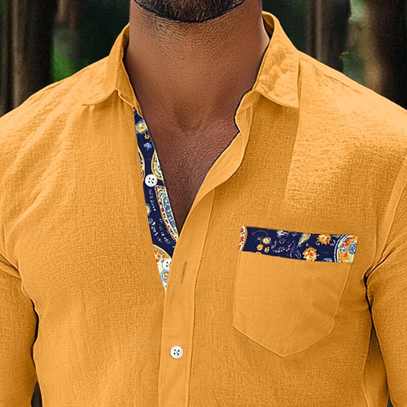 Men's Shirt Linen Shirt Summer Shirt Beach Wear Paisley Vacation Casual Yellow Pink Navy Blue Blue Short Sleeve Lapel Summer Spring & Summer Clothing Apparel Color Block2