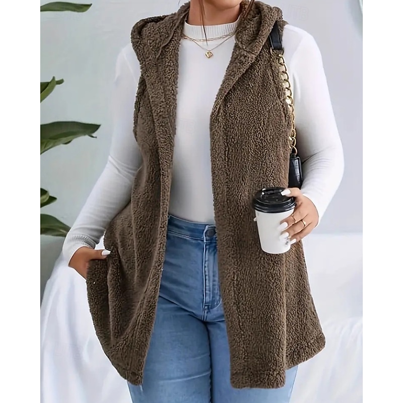Women's Vest Warm Comfortable Pocket Casual Plain Holiday Daily Wear Open Front Regular Hooded Regular Fit Sleeveless Outerwear Coffee Fall Winter3