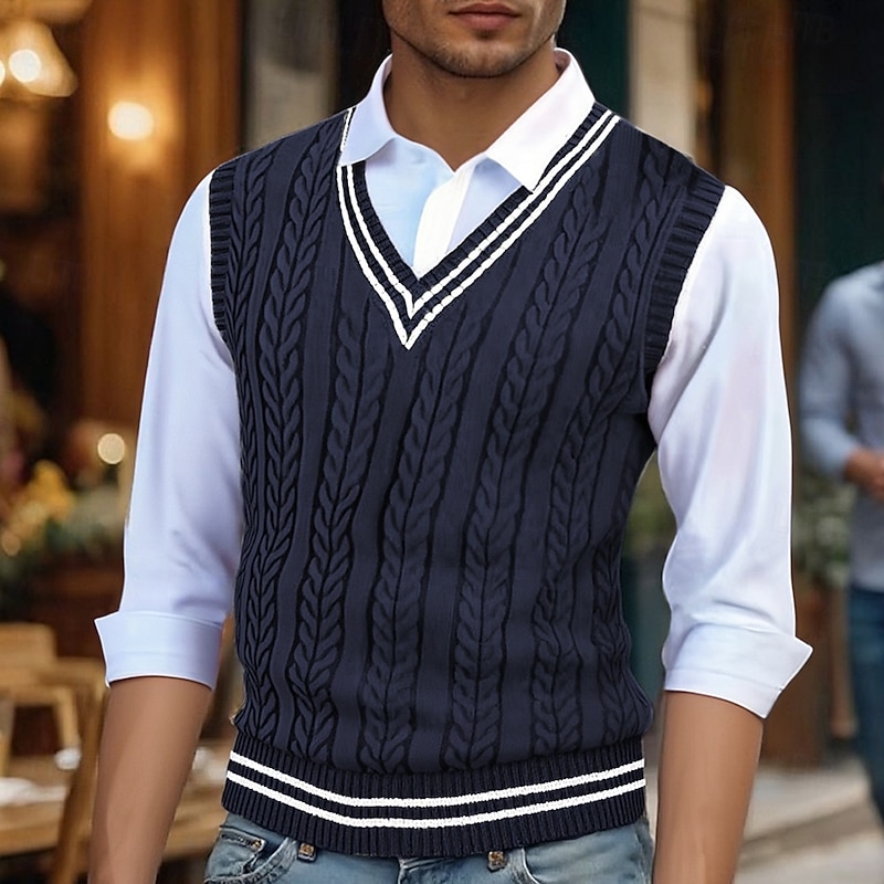 Men's Sweater Vest Dress Sweater Pullover Sweater Jumper Vest Knit Sweater Ribbed Cable Knit Regular Tops Knitted Color Block V Neck Fashion Casual Vacation Daily Wear Clothing Apparel Fall Winter2