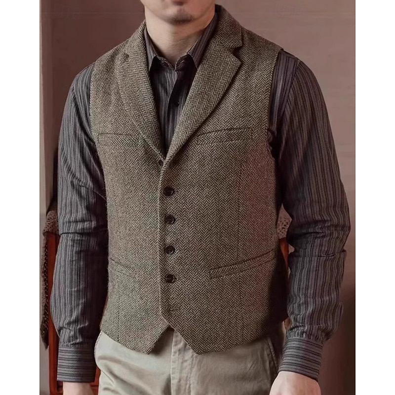 Men's Vest Waistcoat Gilet Vacation Party Business Fashion Casual Spring Fall Pocket Buttons Polyester Comfortable Plain Single Breasted One-button Lapel Regular Fit Khaki Gray Vest