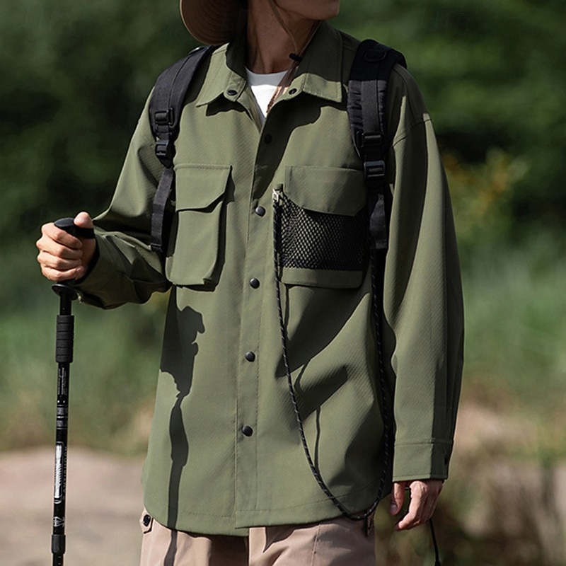 Men's Cargo Shirt Hiking Shirt Waterproof Shirt Long Sleeve Turndown Top Outdoor Waterproof Windproof Polyester Black White Green Tennis Golf Running