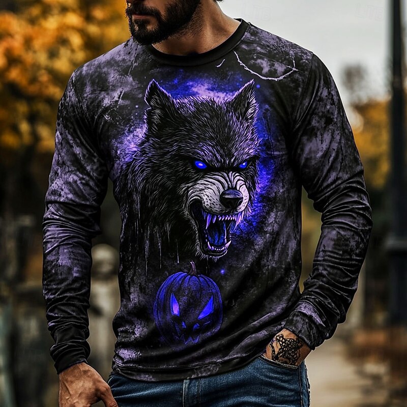 Halloween Men's 3D Werewolf T Shirt Long Sleeve T shirt 3D Print Crew Neck Shirt Fashion Exaggerated Street Casual Daily Lake Blue Blue Purple Summer Spring Fall Clothing Apparel S M L XL XXL XXXL3