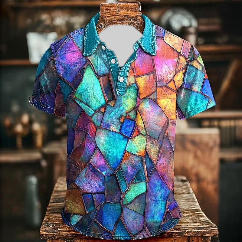Men's Geometric Color Block Polo Short Sleeve Polo Shirts Collared Shirts Casual Athleisure Daily Wear 3D Print Buttons Summer Blue Orange