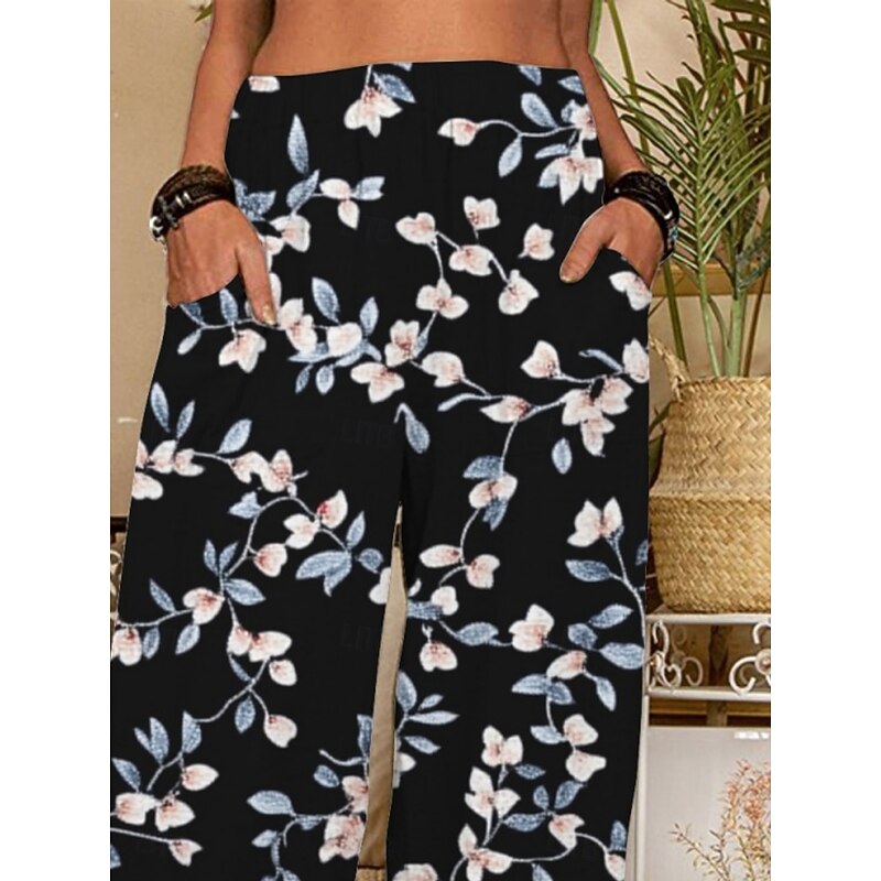Women's Chinos Pants Trousers Active Fashion Long High Waist Floral Pocket Elastic Waist Printing Breathability Soft Micro-elastic Vacation Street Daily Wear Black Spring Fall Regular Fit3