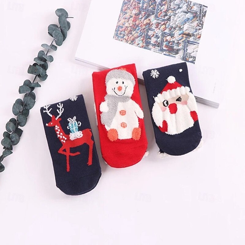3 Pairs Christmas Cartoon Jacquard Cotton Women's Socks Reindeer Santa Red Mid Calf 3D Design Adult Holiday Gift Box Set Festive Winter Warm Sock Accessory4