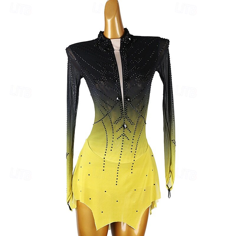 Figure Skating Dress Women's Girls' Ice Skating Dress Blue Black Yellow Patchwork Open Back Mesh Spandex High Elasticity Training Practice Professional Skating Wear Classic Crystal / Rhinestone Long