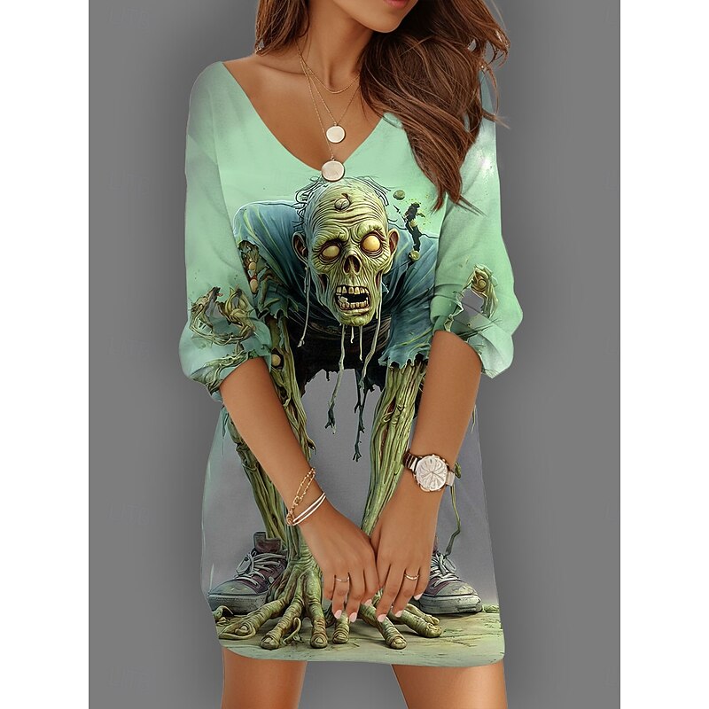 Halloween Women's Skulls Print Mini Dress Shift Dress Vacation Casual Daily Holiday Cocktail Party Loose Fit Graphic Skull Long Sleeve V Neck Yellow Blue Purple Green Summer Spring Fall Autumn