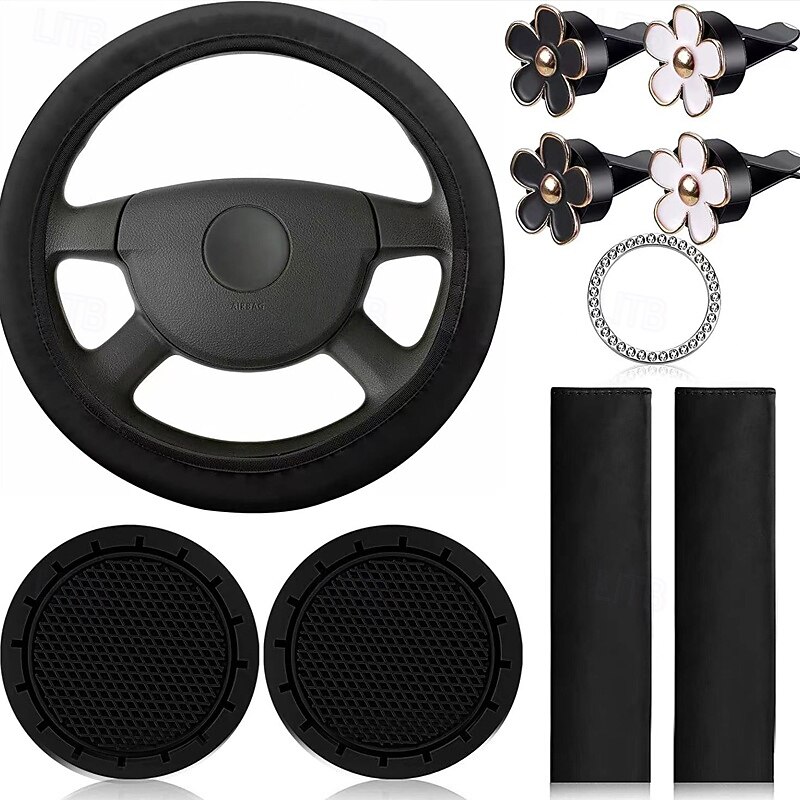 10 Pcs Steering Wheel Cover Set for Women 14.5-15 Inch Car Accessories with Seat Belt Shoulder Pad Seatbelt Cover Cup Holder Start Button Ring Sticker Air Vent Clip3