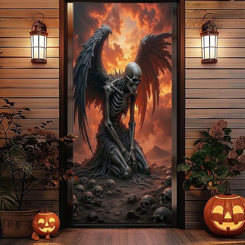 Halloween Door Cover Outdoor Banners Skeleton Angel of Death Psychedelic Dark Punk Gothic Style Party Outdoor Shooting Backgrounds Front Door Wall Porch Home Decor