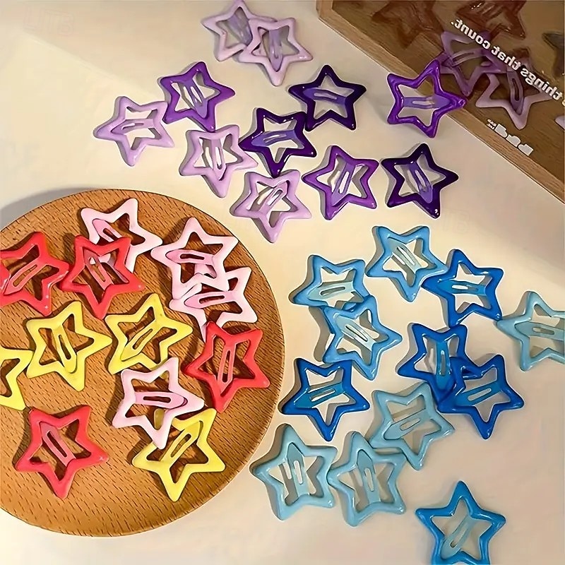 50/100 pcs Assorted Colorful Star-Shaped Alloy Hair Clips Set, Elegant Vintage Style, Lightweight Hollow Design, Fashionable Hair Accessories for Daily Wear and Styling, Perfect for Women and Eid Gifts3