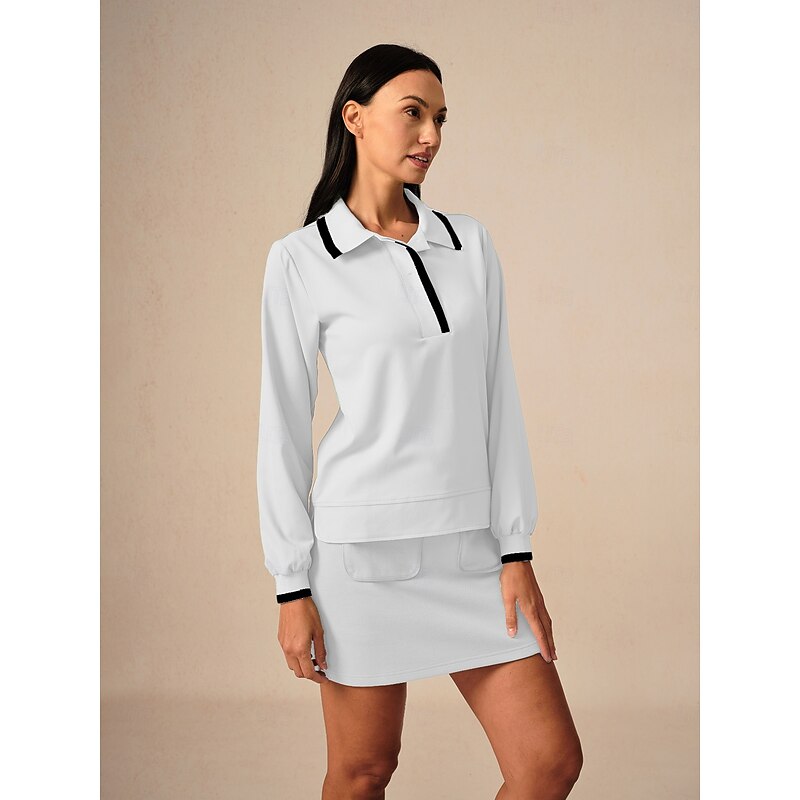 Women's Golf Polo Shirt Button Up Polo Black White Long Sleeve Top Ladies Golf Attire Clothes Outfits Wear Apparel4
