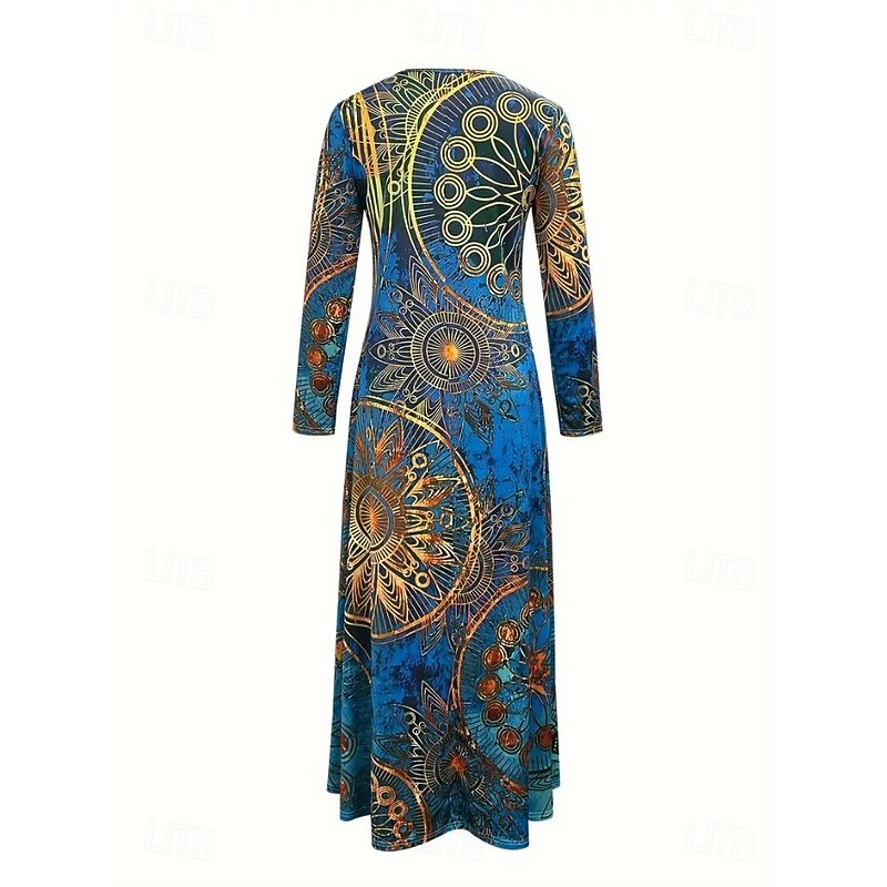 Women's Maxi Dress T Shirt Dress Tee Dress A Line Dress Vacation Casual Boho Date Regular Fit Floral Paisley Long Sleeve V Neck Royal Blue Dark Blue Fall Winter3